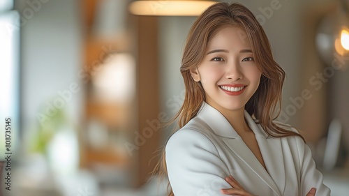 Asian female executive  long hair  lovely smile  crossed arms  forceful posture  carrying tablet and pen for business donning a white suit