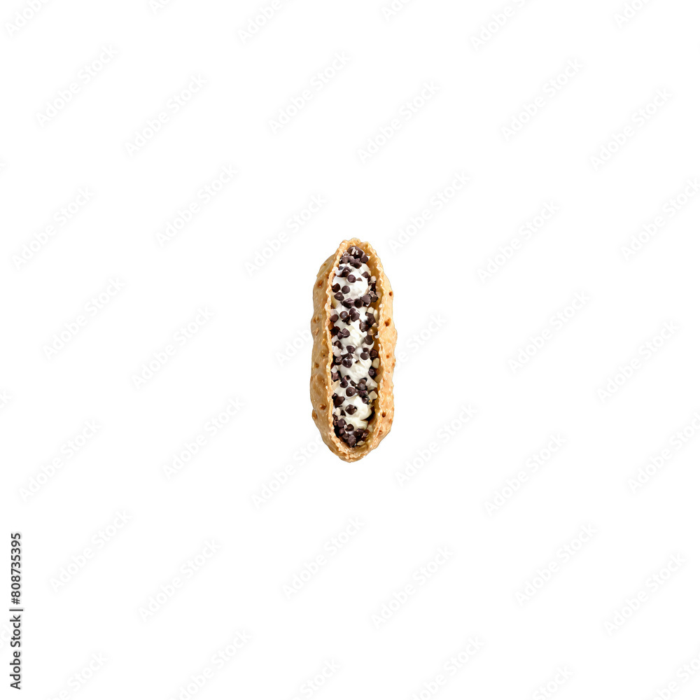 Cannoli with crispy shell sweet ricotta filling chocolate chips floating Food and culinary concept Cannoli with crispy shell sweet ricotta filling chocolate chips floating Food and culinary concept