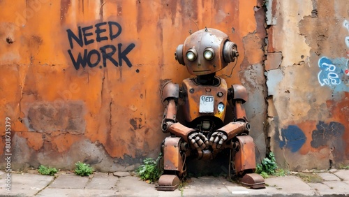 lonely sad robot rusty holding a sign that says Need Work 