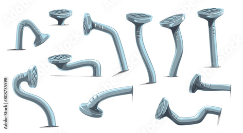 Metal bent wall nails and hobnails or hammer pins with iron heads, cartoon vector. Bent crooked nails and curved broken steel hobnails or carpentry pins with wound hammered damaged hobs and spikes