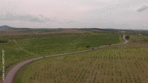 sports car driving down the road, drone footage