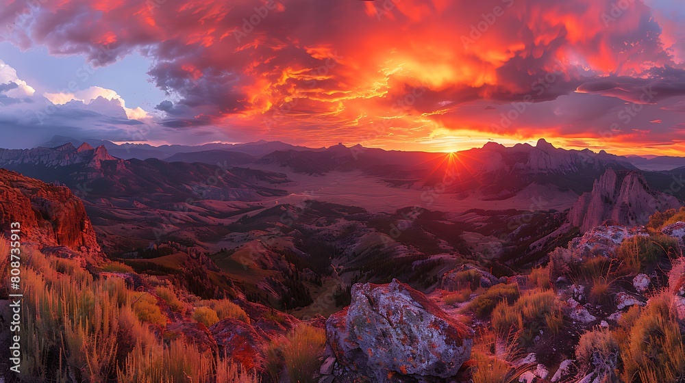 A panoramic view of a mountain range at dusk, where the sky blazes with deep oranges and reds, mimicking a fiery sunset that bathes the landscape in a warm, glowing light.