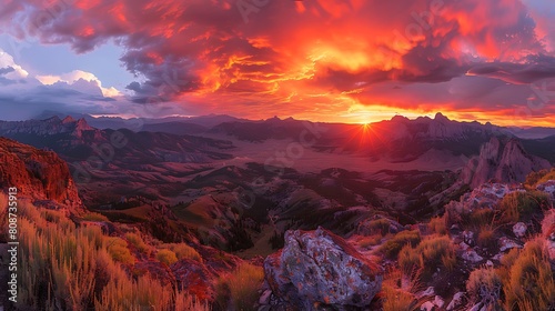 A panoramic view of a mountain range at dusk  where the sky blazes with deep oranges and reds  mimicking a fiery sunset that bathes the landscape in a warm  glowing light.