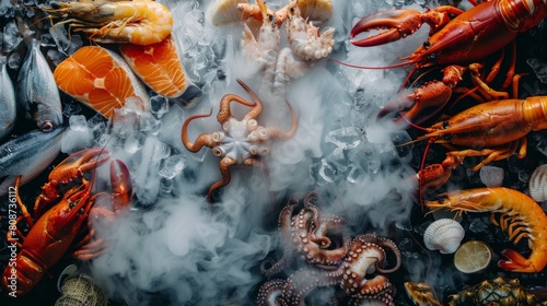 Panoramic web banner crop Top view of variety of fresh luxury seafood, Lobster salmon mackerel crayfish prawn octopus mussel and scallop, on ice background with icy smoke in seafood market.