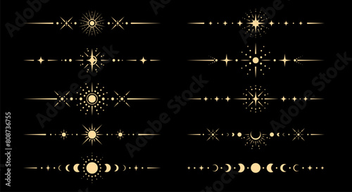 Fantasy celestial borders and dividers. Vector set of lines with mystical esoteric sun, crescent moon and star symbols in boho style. Mystic, astrology, witchcraft space spiritual celestial frames photo