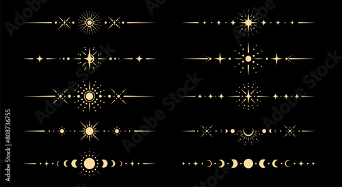 Fantasy celestial borders and dividers. Vector set of lines with mystical esoteric sun, crescent moon and star symbols in boho style. Mystic, astrology, witchcraft space spiritual celestial frames