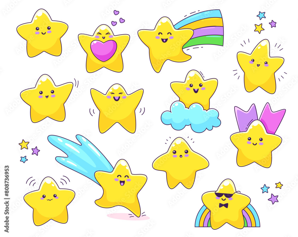 Φωτογραφία Cartoon cute funny kawaii stars and twinkle characters in the sky with clouds and rainbow
