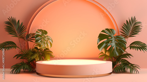 3D rendering of podium with round background and tropical leaves on peach background