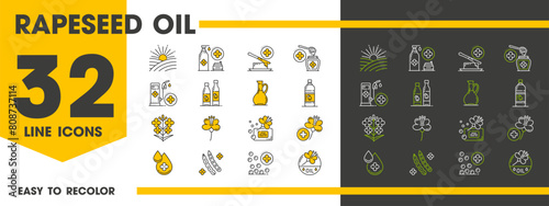 Rapeseed and canola oil line icons of rape flowers and seeds for cooking and industry, vector symbols. Rapeseed or canola oil natural food products of mustard, bio fuel and organic honey or cosmetics