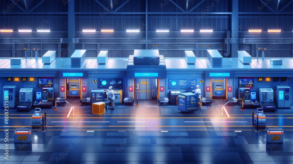 Futuristic flat 3D vector isometric illustration capturing the seamless process of passengers passing through airport security screening. As travelers navigate Futuristic flat 3D vector isometric illustration capturing the seamless process of passengers passing through airport security screening. As travelers navigate