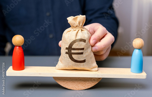 Legal dispute over money. A court case. Plaintiff and defendant on scales and a bag with euro money. Search for a compromise. Mediation of conflicting parties. Business partnership.