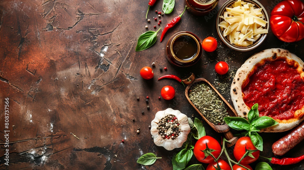 Pizza with sausage, tomato sauce, cheese menu concept, food background, diet. Top view. Copy space Pizza with sausage, tomato sauce, cheese menu concept, food background, diet. Top view. Copy space