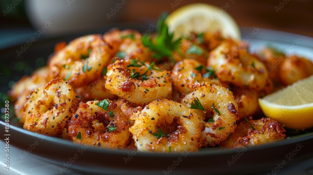 Get close-up shots of a plate of crispy calamari, featuring golden-brown breading, tender squid, and a squeeze of lemon. Get close-up shots of a plate of crispy calamari, featuring golden-brown breading, tender squid, and a squeeze of lemon.