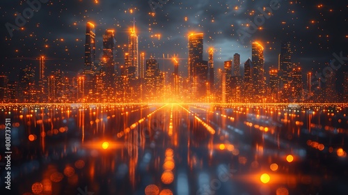 A futuristic cityscape at night, lit by the glow of amber lights that streak across the dark buildings, reflecting off glass and water to create a vibrant, energetic urban environment.
