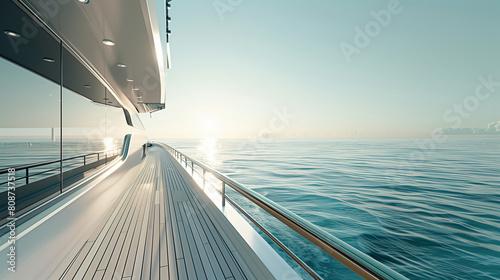 This image captures the side view of the deck on a luxurious yacht bathed in sunlight against the backdrop of a vast ocean landscape on a bright  sunny day. The sleek design of the yacht s deck 