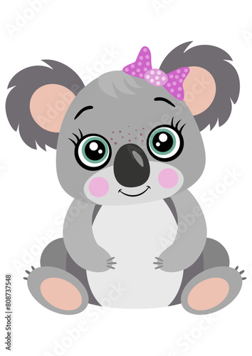Cute koala girl with bow sitting