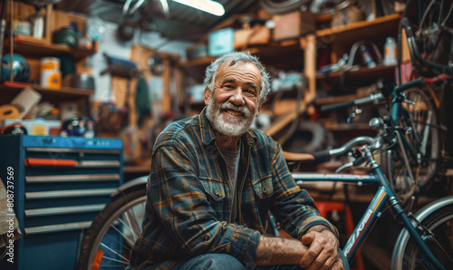 An extremely happy satisfied man sitting in the middle of his garage near a cycling bikes