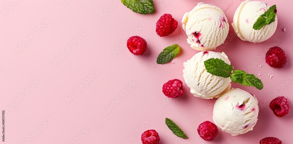ice cream with raspberry and mint on a pink background