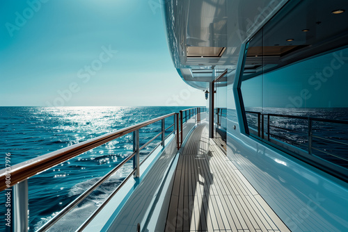 This photo showcases the deck and side wall of a luxurious yacht  illuminated by sun rays against the backdrop of a stunning sea view. The golden sunlight casts a warm glow on the sleek surfaces 