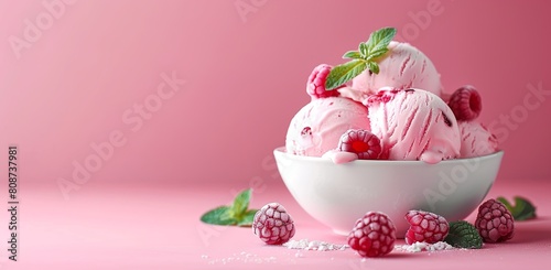 ice cream with raspberry and mint on a pink background