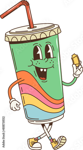 Cartoon groovy soda drink character in retro hippie art, vector funky face. Groovy funny soda drink cup with drinking straw and cinema movie ticket, happy smile or retro cartoon character with rainbow