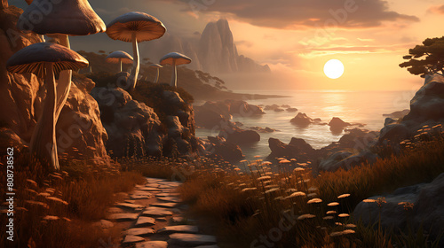 Agaricus mushrooms growing on a sandy path leading to a secluded beach with dramatic cliffs and a sunset. photo