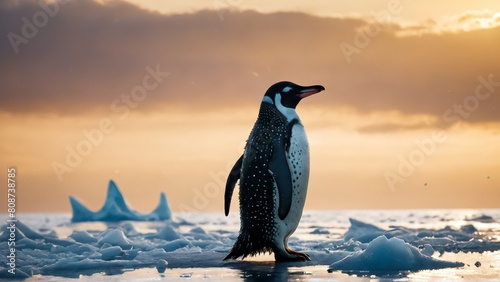 A plucked penguin stands on the last melting ice floe