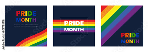 Set of cards for the pride month celebration.Gay Pride Month in June.  Collection with LGBT symbols.Social media post, stories, poster template with LGBT rainbow flag.Vector. photo