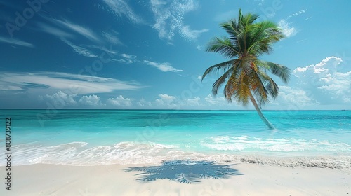 Tropical paradise beach with swaying palm trees and calm turquoise water under a bright summer sky