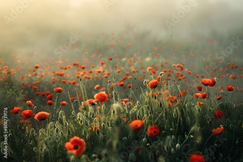 A field filled with bright red flowers on a misty day  creating a striking contrast against the foggy backdrop. Generative AI