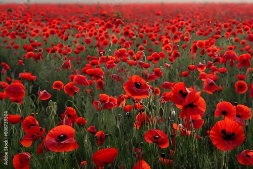 A field filled with vibrant red flowers under a clear blue sky, creating a colorful and natural landscape. Generative AI photo