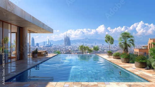 Illustrate a luxurious penthouse boasting panoramic views of Barcelonas famous landmarks, including the Sagrada Familia, Park Gell, and the Mediterranean photo