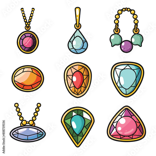 Collection cartoon jewelry charms colorful gemstones. Various shapes pendants necklaces vibrant hues isolated white background. Fashion accessories gems cartoonish style colorful ornaments