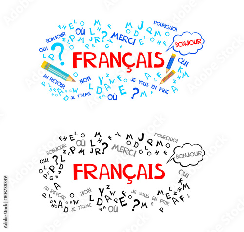 Francais.  Language school course. Translate: "French".  Language education. Сoncept of learning French language flat vector illustration. Study foreign languages with native