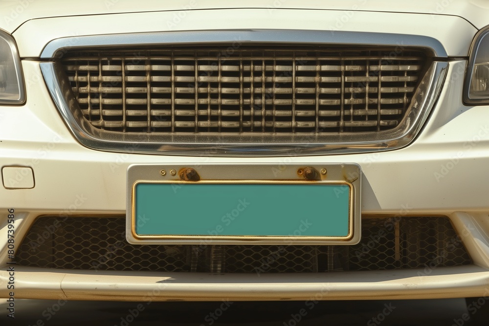 Closeup old license plate at the in front of car Closeup old license plate at the in front of car