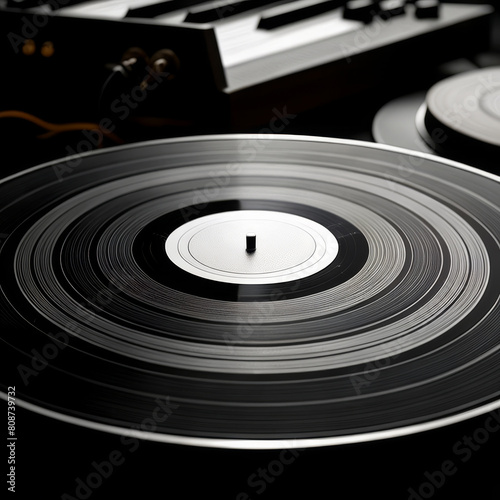 Close up of a vinyl record player with a black vinyl disc.