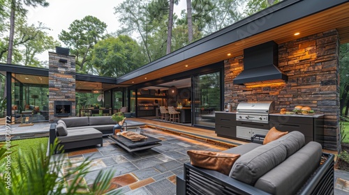 Imagine a cheerful gathering as the family hosts a barbecue on the patio connected to the modern kitchen, grilling burgers