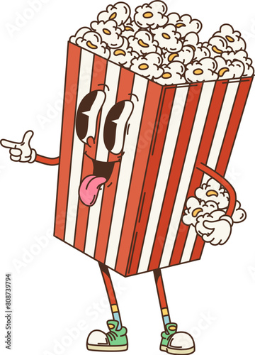 Cartoon groovy popcorn bucket, retro character with funny face, vector 70s hippie comic art. Groovy funky popcorn bucket box with silly smile and freaky face expression as retro cartoon character