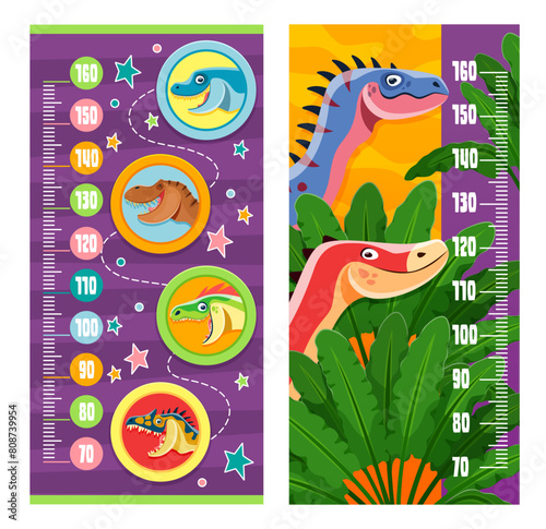 Kids height chart ruler with cartoon dinosaurs for baby measure, vector background. Baby growth ruler or tall measure chart with funny Jurassic dino, cute T-rex or velociraptor in jungle forest