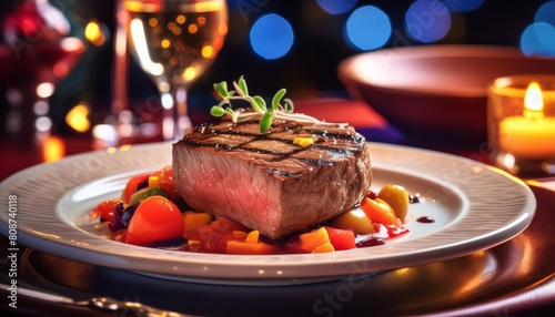 Elegantly plated grilled steak with colorful vegetables, set against a romantic, luxurious backdrop of candlelight and festive lights.