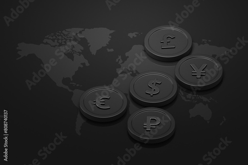 International exchange coin currency money economy cash financial business on 3d black background global finance banking market euro dollar yen pound ruble wealth world map foreign transfer concept.