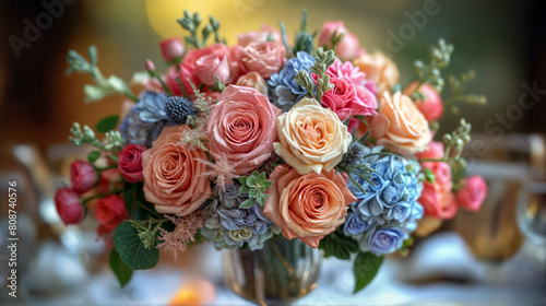 Exquisite wedding bouquet in a clear vase  featuring roses and mixed flowers in soft pastel tones  symbolizing elegance and celebration