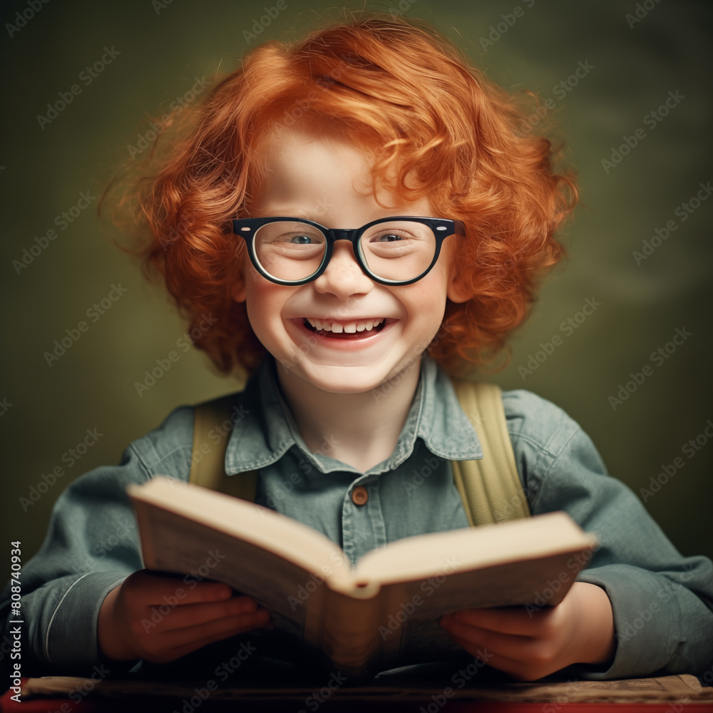 Positive red-haired boy student with glasses sits at a table next to books on a green background.
Positive red-haired boy student with glasses sits at a table next to books on a green background.