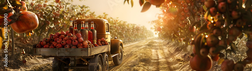 Cargo truck carrying bottles with pomegranate juice in an orchard with sunset. Concept of food and drink production, transportation, cargo and shipping. photo