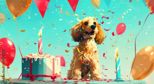 Celebrate Anniversary with a Happy Birthday Dog and Celebration Cake Banner