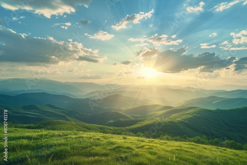 Nature Peace. Green Summer Landscape with Mountains and Beautiful Blue Sky at Sunrise
