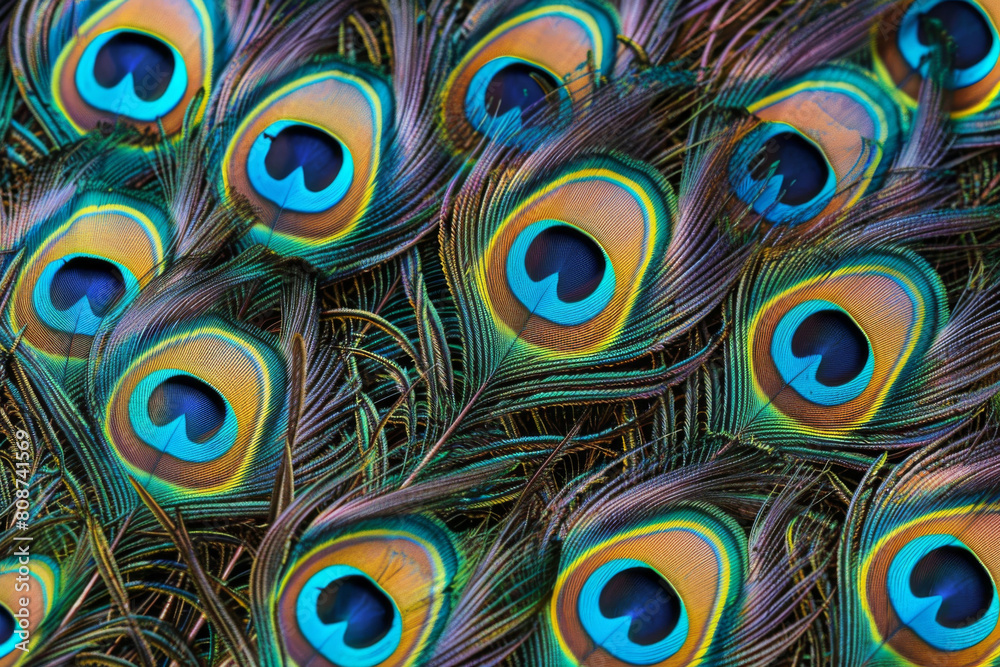 Obraz premium Close-up of vibrant and colorful peacock feathers showcasing the intricate patterns. Iridescence. And luxurious texture of this exotic bird's plumage in high resolution. Perfect for nature