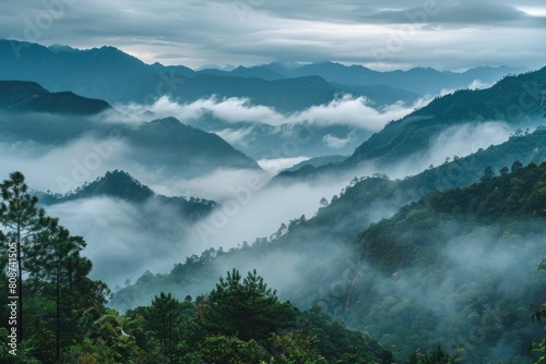 Fog Mountains. Scenic Landscape of Misty Mountain Chain Under the Sky © AIGen