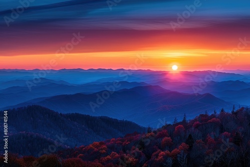 Sunset Hills. Aerial View of Dramatic National Autumn Sunset over Blue Ridge Mountains