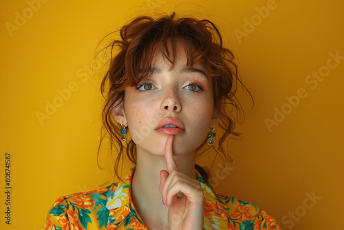 Beautiful Young Woman Thinking, Clear Background, Generative AI